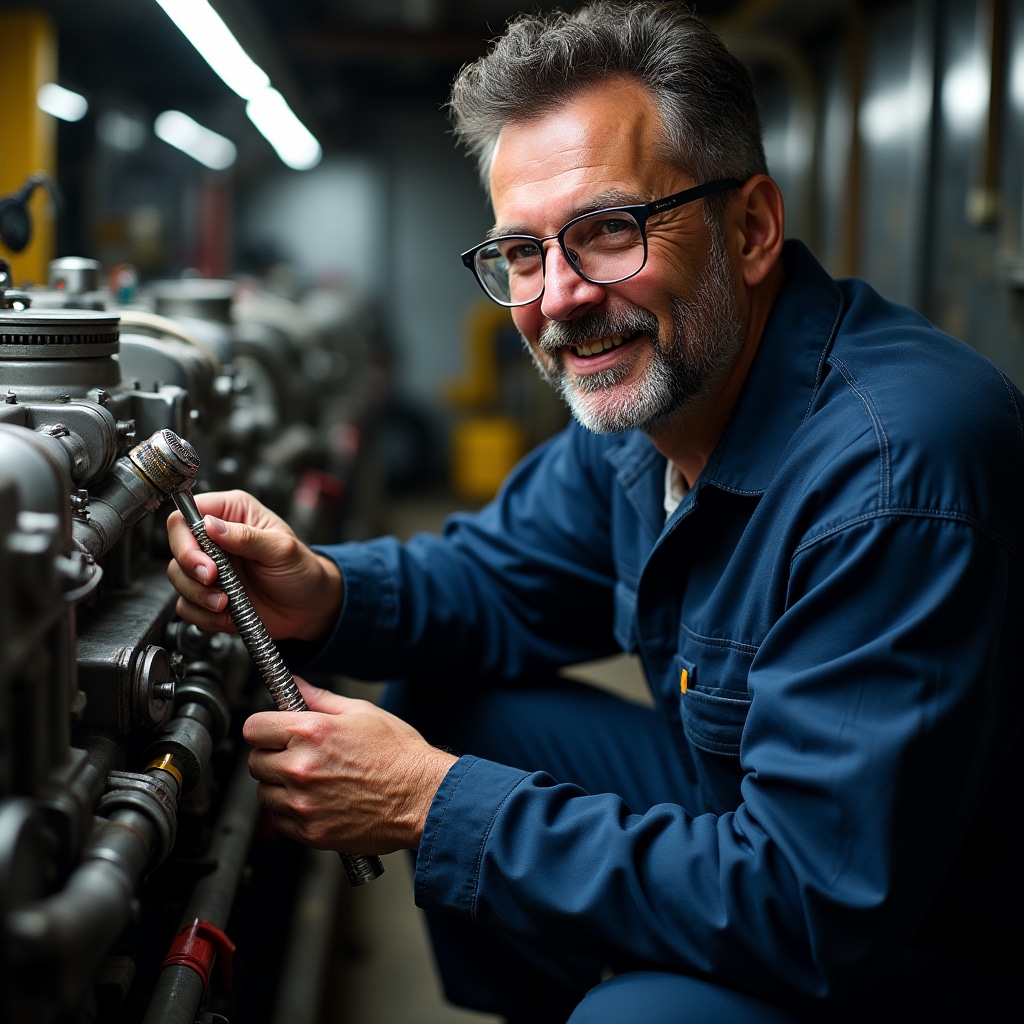 Person performing engine maintenance on narrowboat