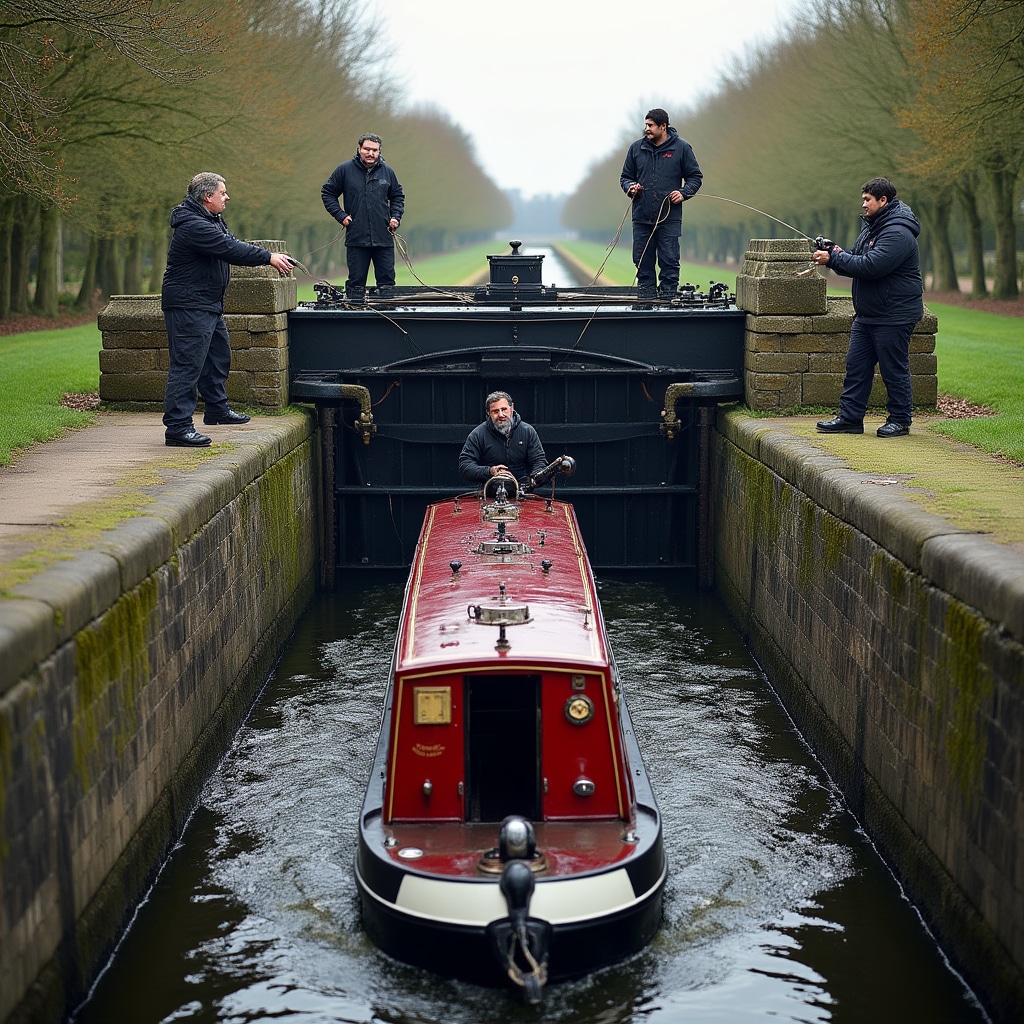 Narrowboat passing through canal lock