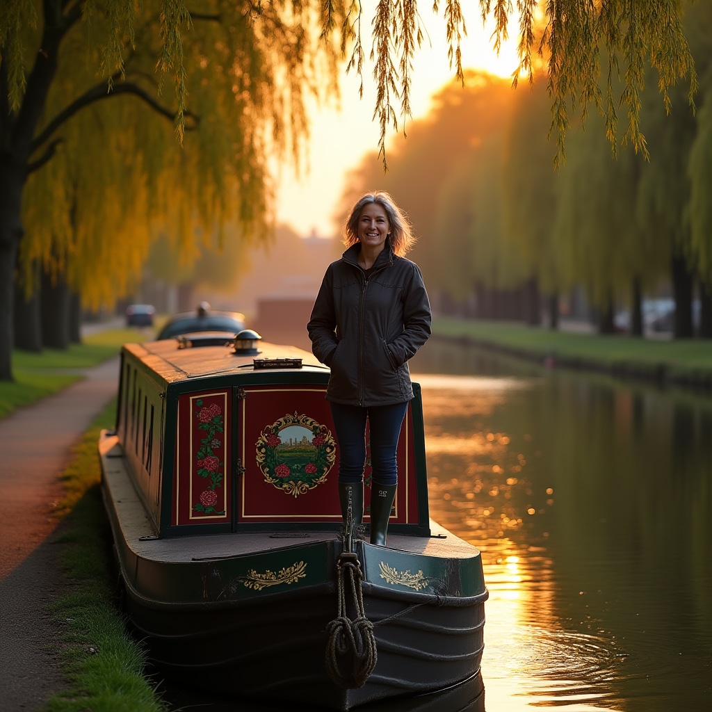 Narrowboat moored on British canal at sunset