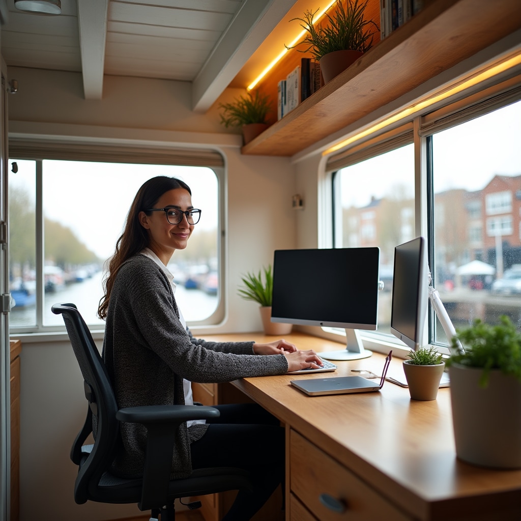 Modern narrowboat interior with workspace setup